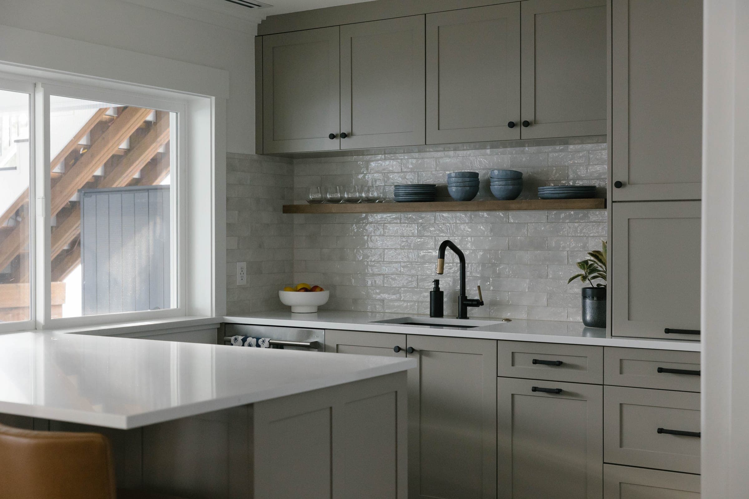 Highlands Basement small kitchen with open wood shelving and a quartz peninsula, Issaquah