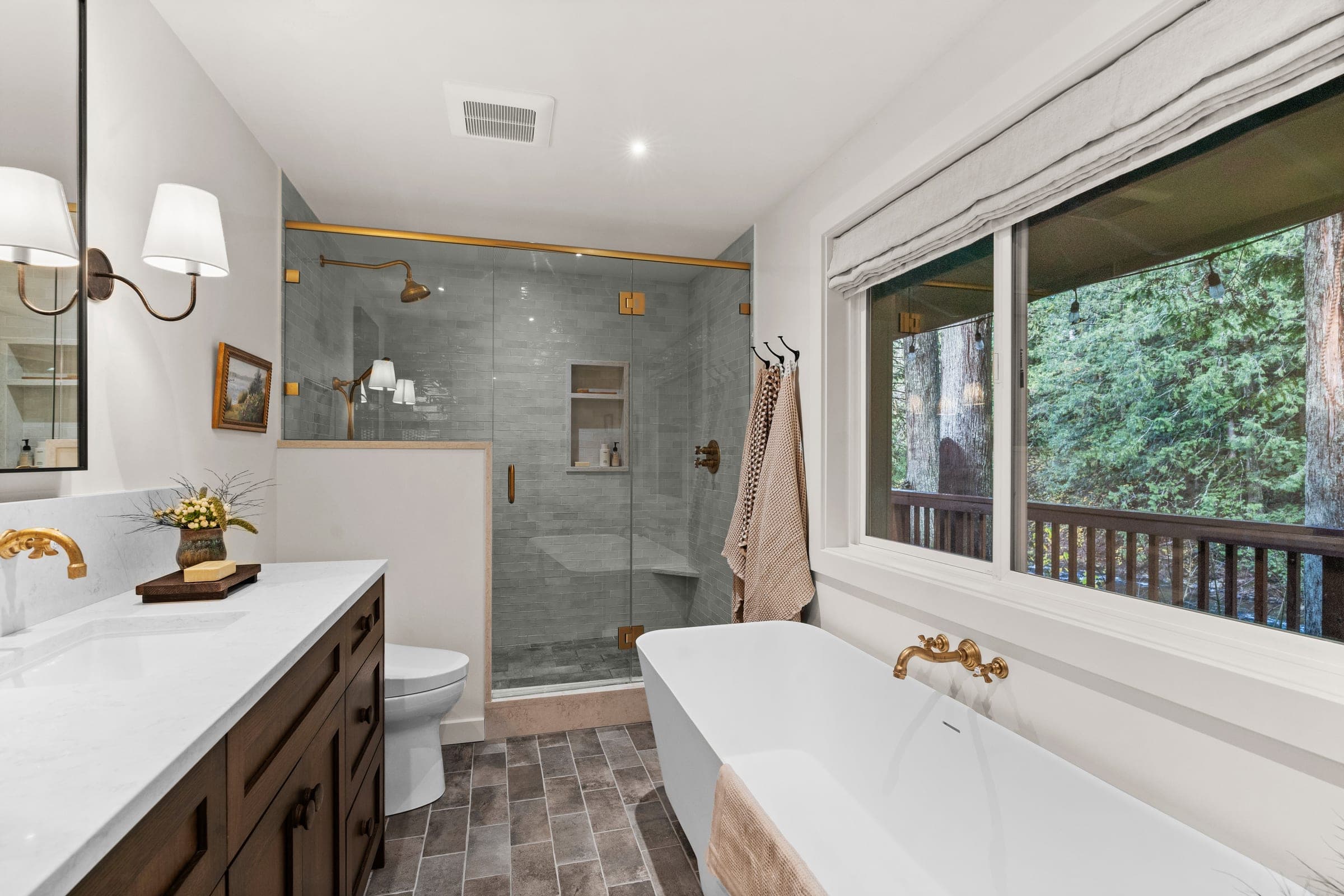 River Front Master Suite ensuite with rift-sawn white oak vanity and unlacquered brass fixtures